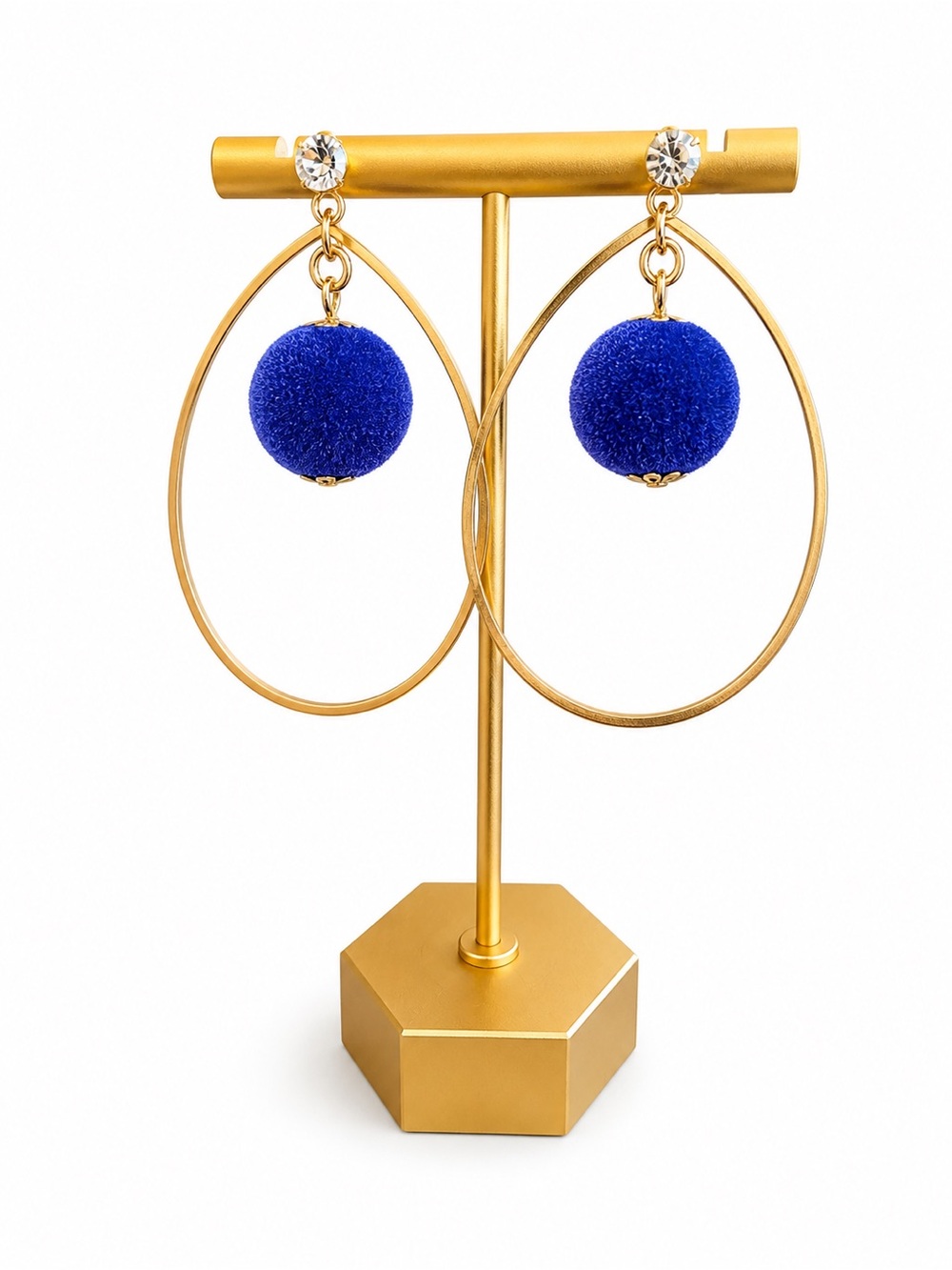 Vintage Royal Blue Velvet Ball Gold Tone Teardrop Rhinestone Earringd